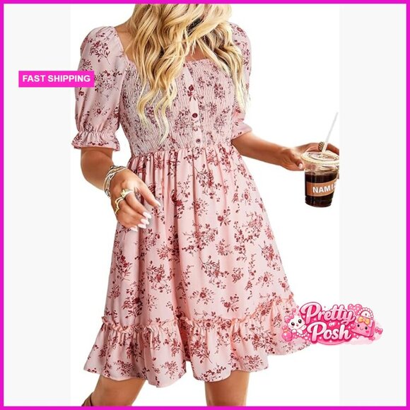 Dresses & Skirts - Cotton Square Neck Smocked Boho Floral Sundress A-Line Mini Dress